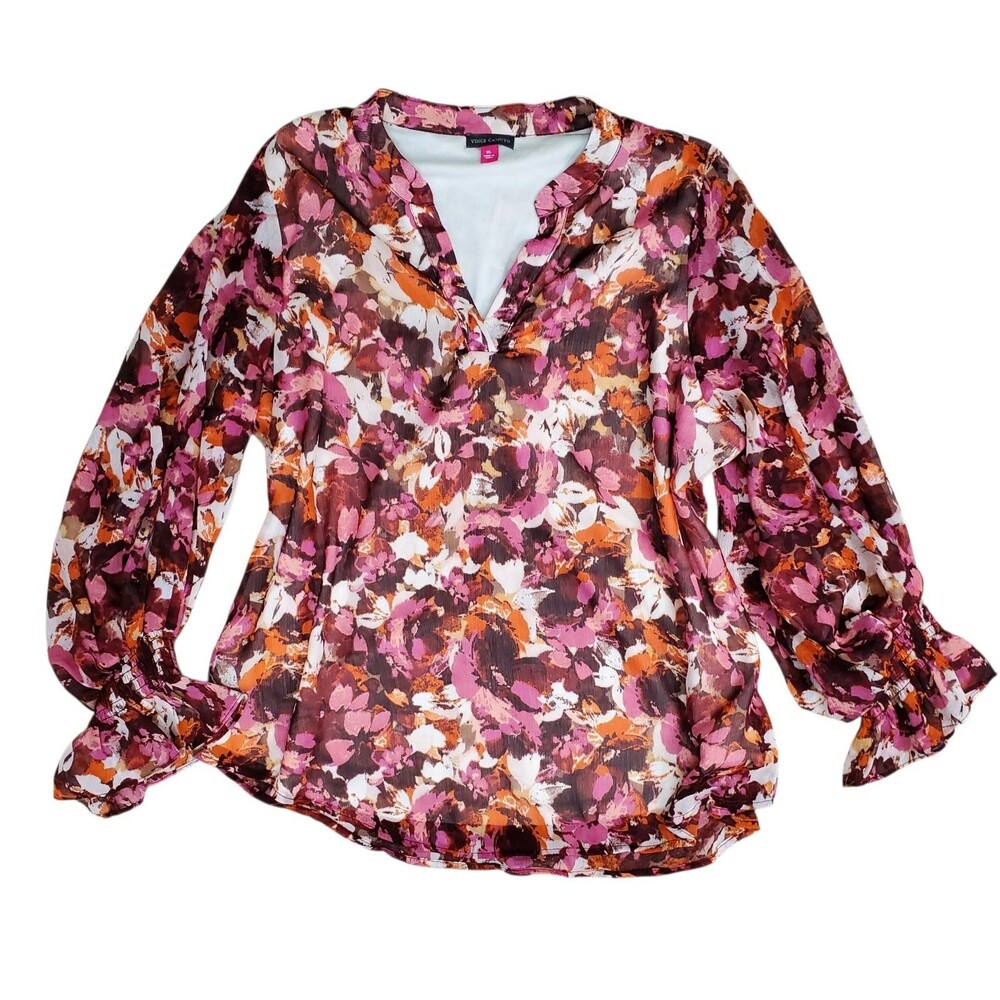 Vince Camuto Floral Blouse Size XL Pink, Orange Romantic Feminine Balloon Sleeve